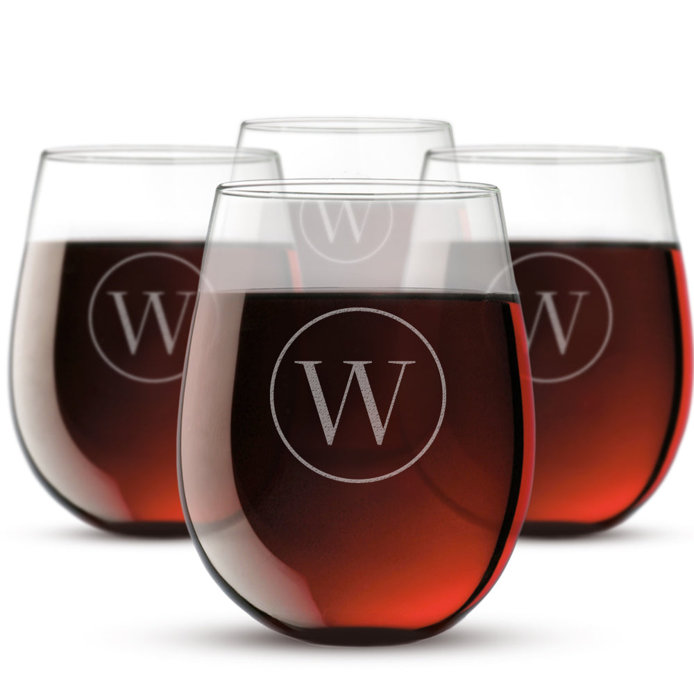 Circled Initial Stemless Wine Glass