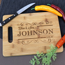 Load image into Gallery viewer, Wreathed Family Name Personalized Engraved Cutting Board
