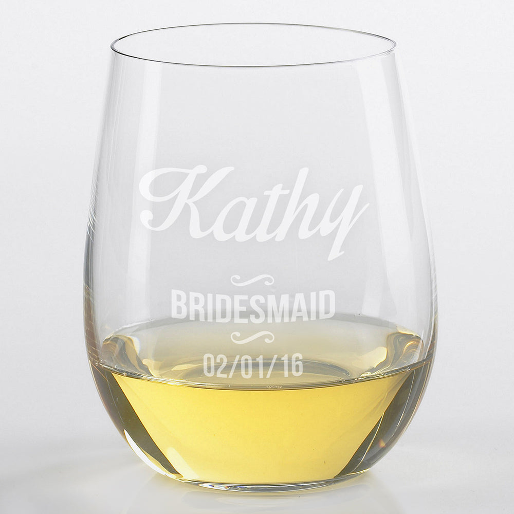 Personalized Wedding Party Engraved Stemless Wine Glass