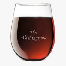 Load image into Gallery viewer, Personalized Family Name Laser Engraved Stemless Wine Glass
