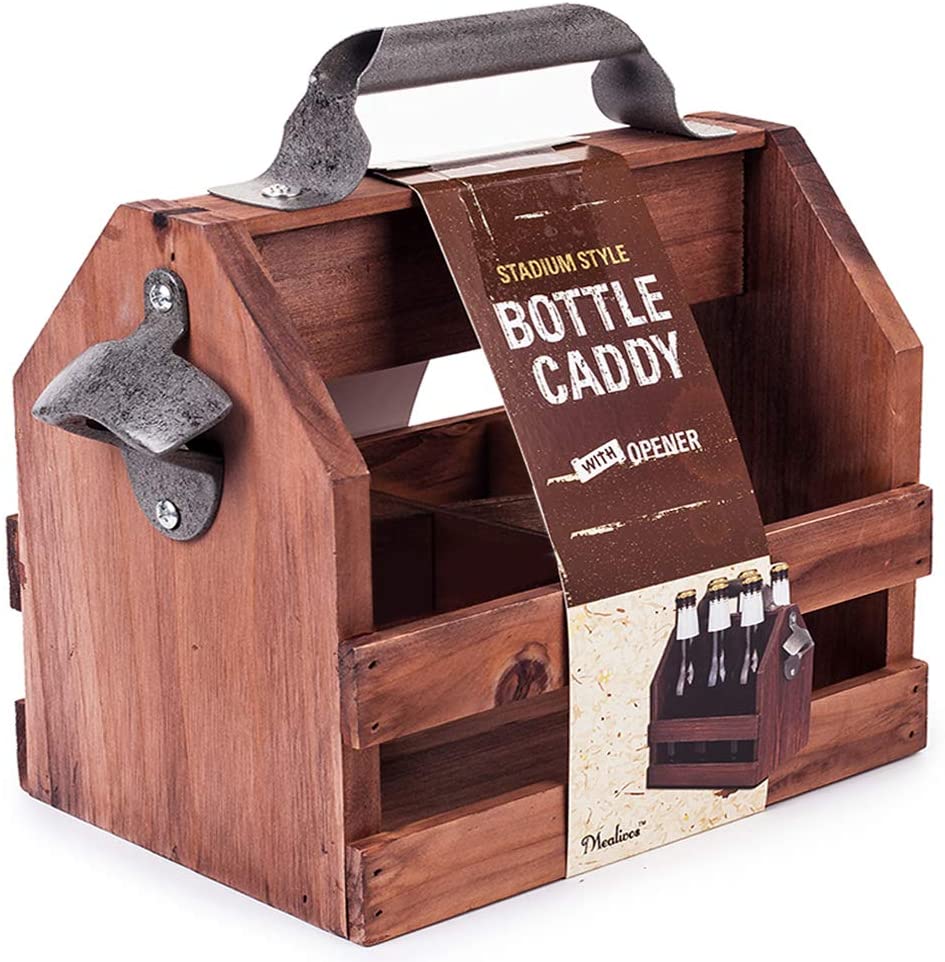 Wooden Beer Caddy, 6-Pack Beer Carrier with Built-In Metal Bottle Opener